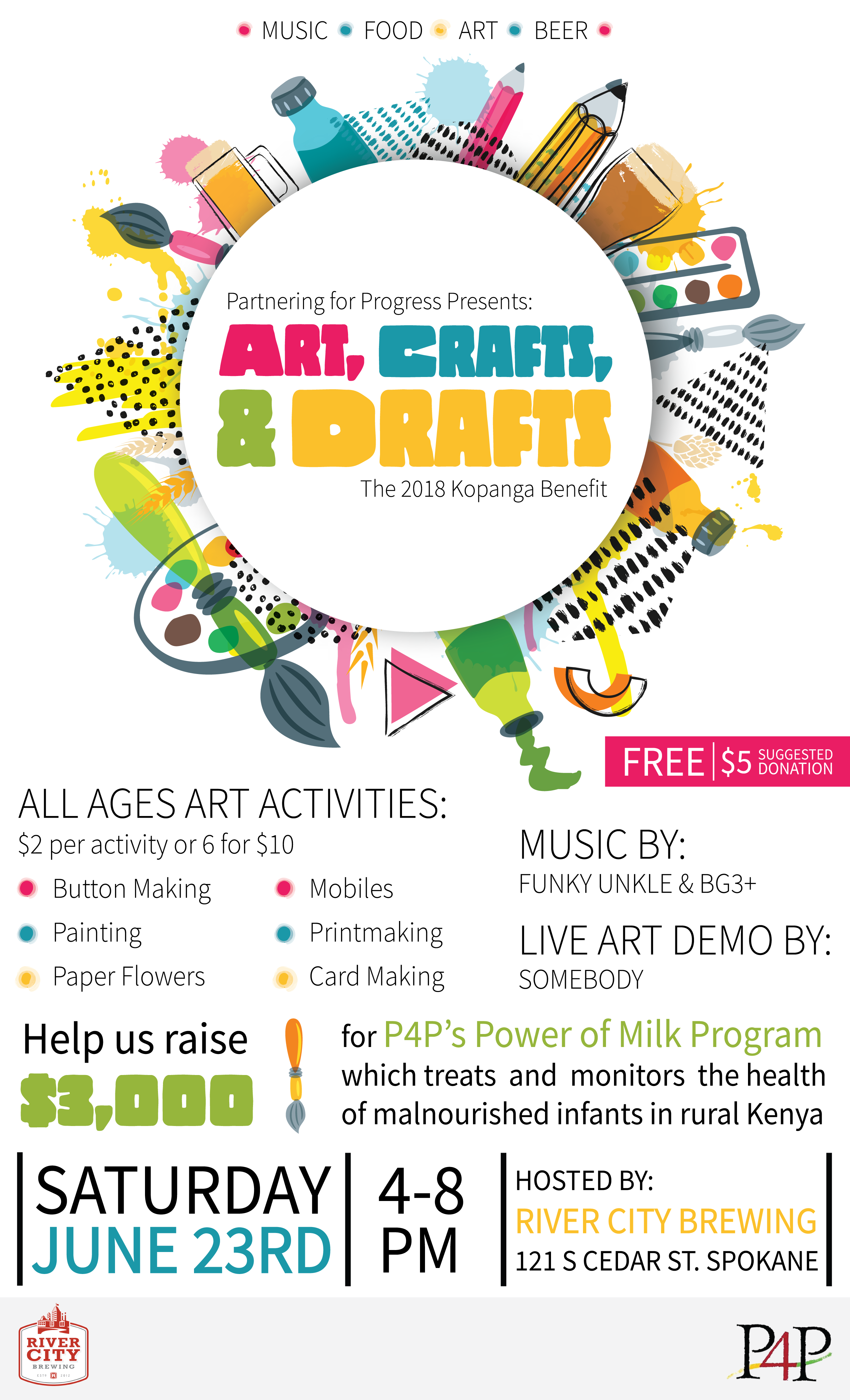 Arts, Crafts & Drafts, June 23rd 4-8 PM River City Brewing. Get your FUN on!